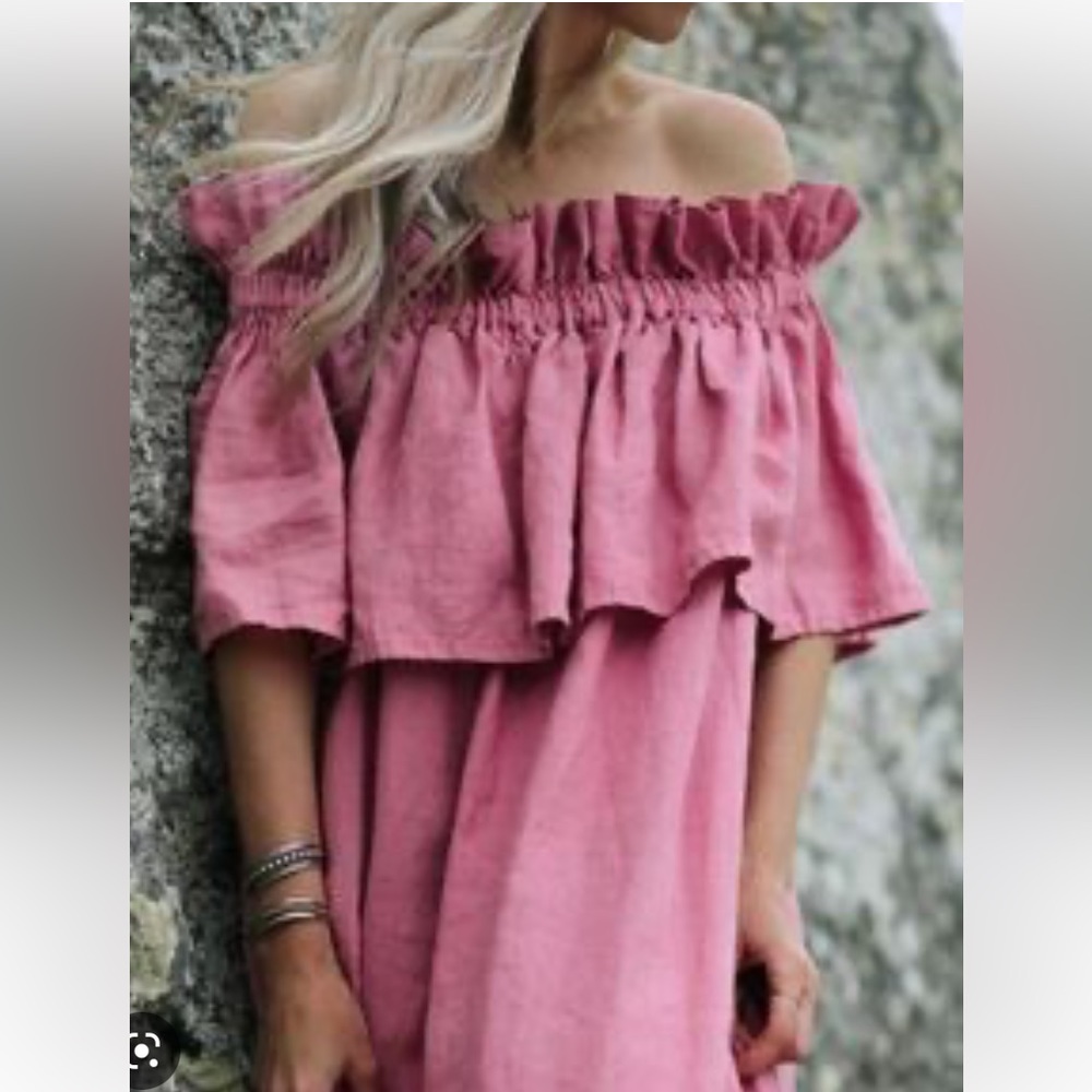 Seaside tones off the shoulder linen dress